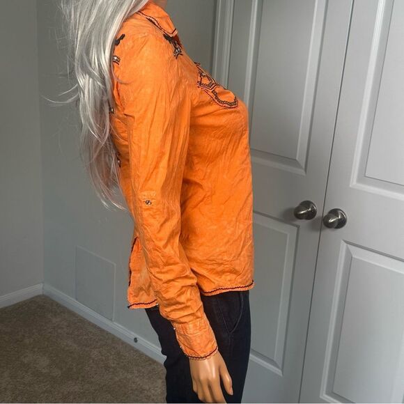 ROAR Signature Embroidered Rhinestone Pearl Snap Shirt Western Biker Sz Large - Picture 3 of 9